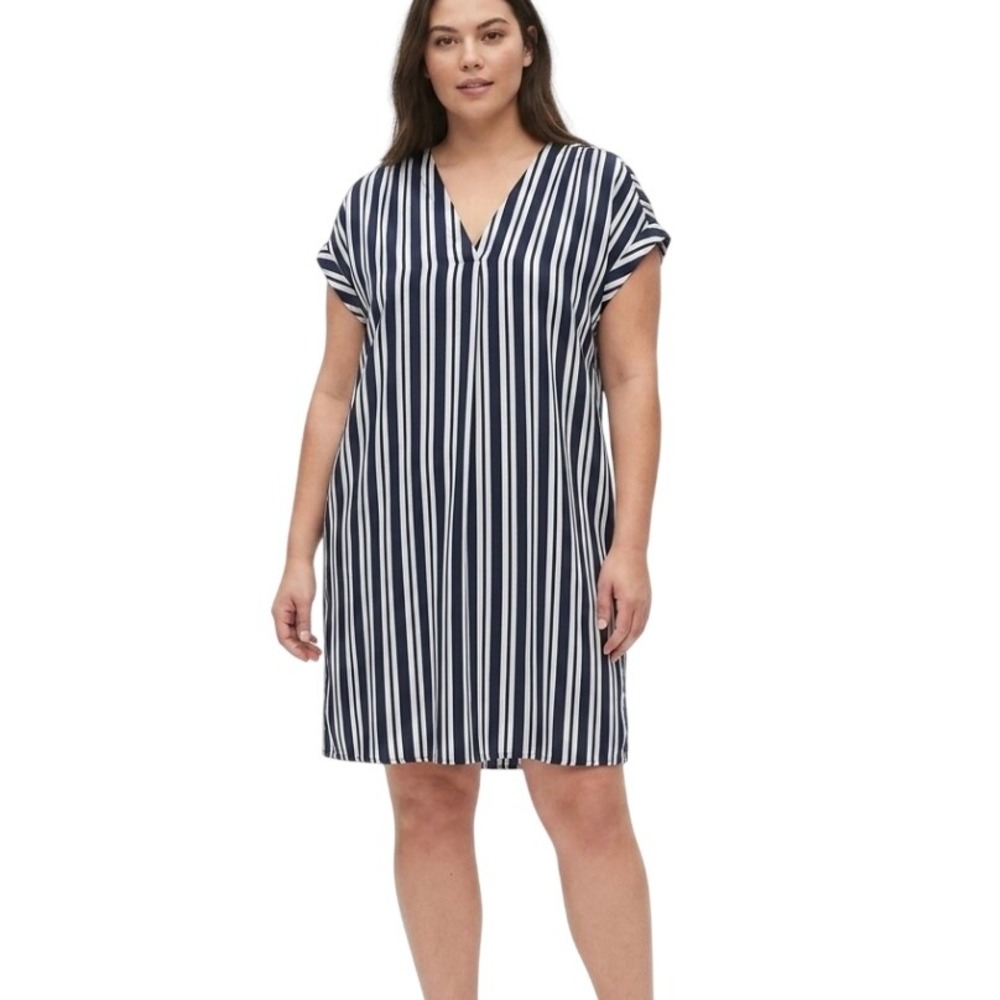 GAP Striped Shift Dress Womens Large Navy White V-Neck Short Sleeve Casual Tunic